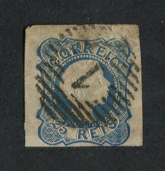 1855/56 - Afinsa nº 6. D. Pedro V, cabelos lisos.Selo de 25 reis usado. Boas margens. Apresenta um vinco. EXEMPLAR DE 2ª ESCOLHA.
