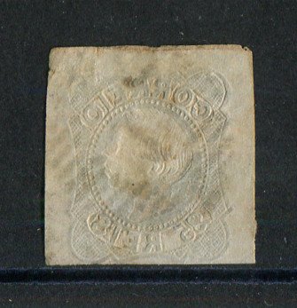 1855/56 - Afinsa nº 6. D. Pedro V, cabelos lisos.Selo de 25 reis usado. Boas margens. Apresenta um vinco. EXEMPLAR DE 2ª ESCOLHA.