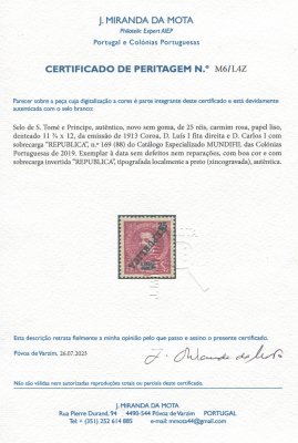 1913 - Afinsa nº 169. D. Carlos I com sobrecarga local REPUBLICA. Selo de 25r novo sem goma como emitido. SOBRECARGA INVERTIDA. Com CERTIFICADO DE PERITAGEM (CERTIFICATE). Em boas condições.