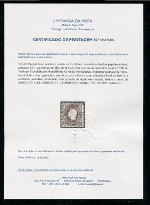 1893 - Afinsa nº 26B. D. Luis I fita direita com sobrecarga. Selo de 5r/40r usado. Sobrecarga 3 a VERMELHO. Com CERTIFICADO DE PERITAGEM (CERTIFICATE). Em boas condições.