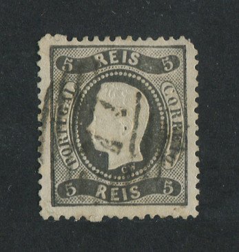 1867/70 - Afinsa nº 27. D. Luís I, fita curva denteado.Selo de 5 reis usado. Carimbo nº 77 - Coimbra. Tem um canto curto.