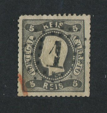 1867/70 - Afinsa nº 27. D. Luís I, fita curva denteado.Selo de 5 reis usado. Tem um canto curto.
