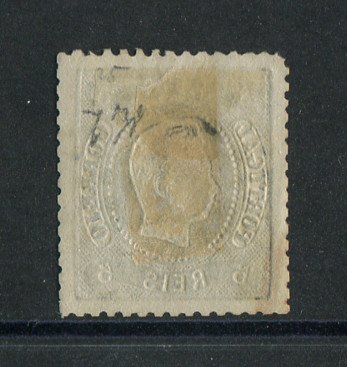 1867/70 - Afinsa nº 27. D. Luís I, fita curva denteado.Selo de 5 reis usado. Tem um canto curto.