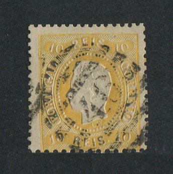 1867/70 - Afinsa nº 28. D. Luís I, fita curva denteado.Selo de 10 reis usado. Redenteado.