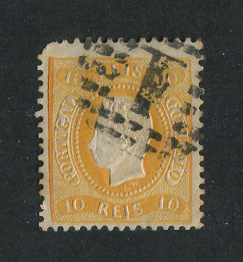 1867/70 - Afinsa nº 28. D. Luís I, fita curva denteado.Selo de 10 reis usado. Tem um canto curto.