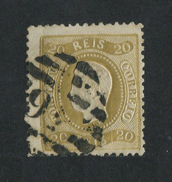1867/70 - Afinsa nº 29. D. Luís I, fita curva denteado.Selo de 20 reis usado. Tem um vinco.