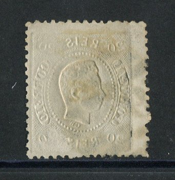 1867/70 - Afinsa nº 29. D. Luís I, fita curva denteado.Selo de 20 reis usado. Tem um vinco.