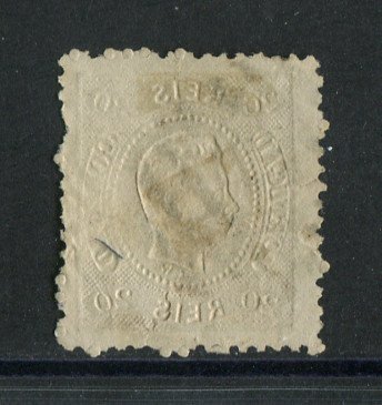 1867/70 - Afinsa nº 29. D. Luís I, fita curva denteado.Selo de 20 reis usado. Tem dois pequenos rasgos.