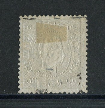 1867/70 - Afinsa nº 29. D. Luís I, fita curva denteado.Selo de 20 reis usado. Tem um pequeno rasgo.