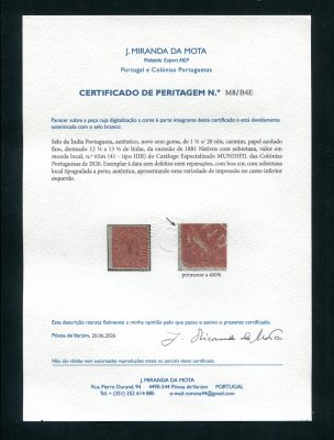 1881 - Afinsa nº 65m. Nativos com sobretaxa. Tipo IIIB. Selo de 1 1/2r/20r novo sem goma. Com CERTIFICADO DE PERITAGEM. Em boas condições.