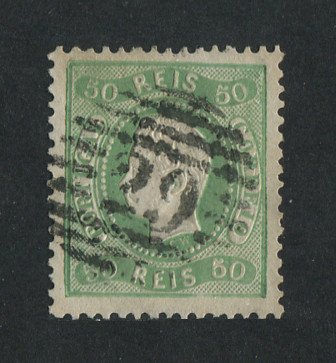1867/70 - Afinsa nº 31. D. Luís I, fita curva denteado. Selo de 50 reis usado. Carimbo nº 29 - Moita (1ª reforma). Em boas condições.