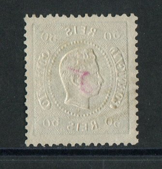 1867/70 - Afinsa nº 31. D. Luís I, fita curva denteado. Selo de 50 reis usado. Carimbo nº 29 - Moita (1ª reforma). Em boas condições.