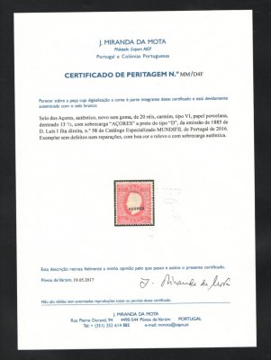 1885 - Afinsa nº 58c. D. Luis I. Fita direita. Selo de 20 reis NOVO SEM GOMA. Papel porcelana, denteado 13 1/2. Com CERTIFICADO de PERITAGEM. Em boas condições. (CERTIFICATE)