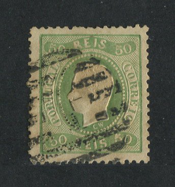 1867/70 - Afinsa nº 31. D. Luís I, fita curva denteado. Selo de 50 reis usado. Em boas condições.