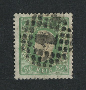 1867/70 - Afinsa nº 31. D. Luís I, fita curva denteado. Selo de 50 reis usado. Em boas condições.