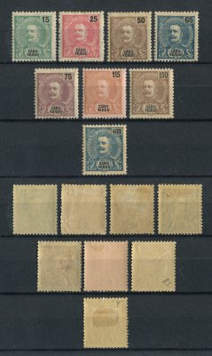 1903 - Afinsa nº  77/84. D. Carlos I novas cores e valores. Série completa nova COM CHARNEIRA (*) e goma original. Em boas condições.