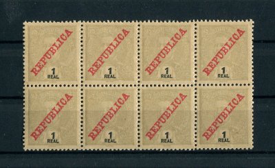 1911 - Afinsa nº 200. D. Carlos I com sobrecarga REPUBLICA. Selos de 1r EM BLOCO DE 8. Novos SEM CHARNEIRA (**) e com goma original. Em boas condições.