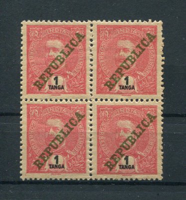 1911 - Afinsa nº 208. D. Carlos I com sobrecarga REPUBLICA. Selos de 1T EM QUADRA. Novos SEM CHARNEIRA (**) e com goma original. Em boas condições.