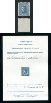 1880/81 - Afinsa nº 55. D. Luis I, de perfil. Selo de 50 reis NOVO, SEM GOMA. Papel liso, denteado 12 1/2. Com CERTIFICADO DE PERITAGEM. Em boas condições.