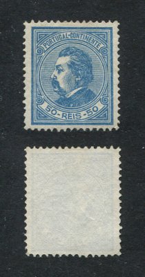 1880/81 - Afinsa nº 55. D. Luis I, de perfil. Selo de 50 reis NOVO, SEM GOMA. Papel liso, denteado 12 1/2. Com CERTIFICADO DE PERITAGEM. Em boas condições.