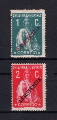 Imposto Postal e Telegráfico - 1912 - Afinsa nº 3/4. Ceres com sobrecarga ASSISTENCIA.  Série completa nova, SEM GOMA. Em boas condições.