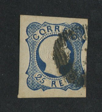 1855/56 - Afinsa nº 7. D. Pedro V, cabelos lisos.Selo de 25 reis usado. Boas margens. Pequena transparência/furo de alfinete. EXEMPLAR DE 2ª ESCOLHA.