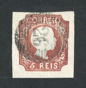 1855/56 - Afinsa nº 5. D. Pedro V, cabelos lisos. EXEMPLAR DE LUXO. Selo de 5 reis usado. Cunho VI. Boas margens. Em boas condições. Carimbo nº 26 - Leiria. Com CERTIFICADO DE PERITAGEM.
