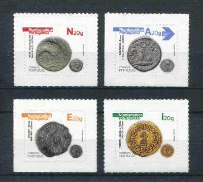 2020 - Afinsa nº 5230/5233. Numismática Portuguesa - SELOS AUTOADESIVOS (1º grupo). Série completa nova sem charneira. Goma original. Em boas condições.