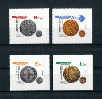 2021 - Afinsa nº 5330/5333. Numismática Portuguesa - SELOS AUTOADESIVOS (2º grupo). Série completa nova sem charneira. Goma original. Em boas condições.