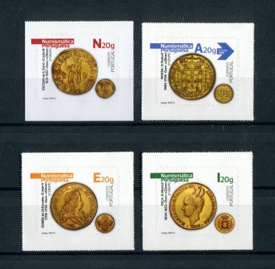 2022 - Afinsa nº 5432/5435. Numismática Portuguesa - SELOS AUTOADESIVOS (3º grupo). Série completa nova sem charneira. Goma original. Em boas condições.
