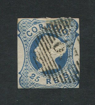 1853 - Afinsa nº 2. D. Maria II.Selo de 25 reis, usado. Margens pequenas. Em boas condições. Com carimbo nº 87 - Figueira da Foz. EXEMPLAR DE 2ª ESCOLHA.