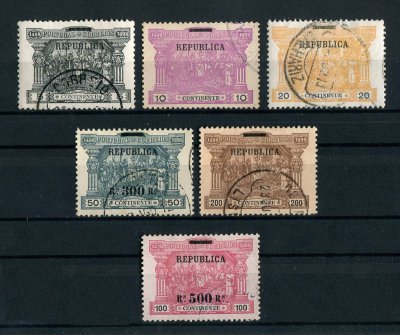 1911 - Afinsa nº 192/197. Sobre selos de Porteado do Continente. Série completa USADA. Em boas condições.
