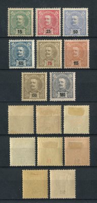 1898 - Afinsa nº 140/147. D. Carlos I. Novas Cores e Valores. Série completa nova, COM CHARNEIRA (*) e goma original. Em boas condições.