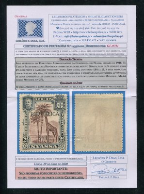 1918 - Afinsa nº 64. D. Carlos I com sobretaxa e sobrecarga. Selo de 1/4c/2 1/2r novo SEM CHARNEIRA (**) e com goma original. Com CERTIFICADO DE PERITAGEM (CERTIFICATE). Em boas condições.