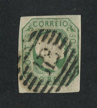 1855/56 - Afinsa nº 8. D. Pedro V, cabelos lisos.Selo de 50 reis usado. Margens pequenas. Em boas condições. Carimbo nº 112 - Viseu. EXEMPLAR DE 2ª ESCOLHA.