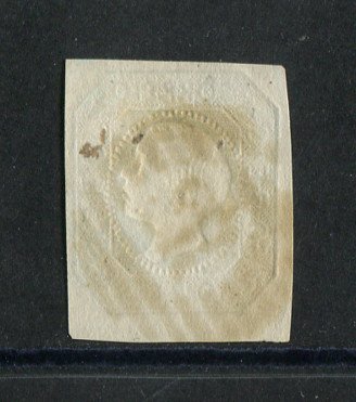 1855/56 - Afinsa nº 8. D. Pedro V, cabelos lisos.Selo de 50 reis usado. Margens pequenas. Em boas condições. Carimbo nº 112 - Viseu. EXEMPLAR DE 2ª ESCOLHA.