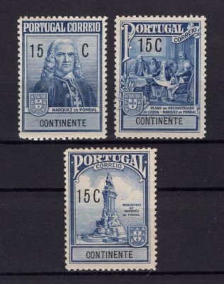 Imposto Postal e Telegráfico - 1925 - Afinsa nº 18/20. Marquês de Pombal. Série completa nova, COM CHARNEIRA (*) e goma original. (a goma nestes selos é sempre um pouco amarela e irregular mas é normal, foram emitidos assim mesmo). Em boas condições.