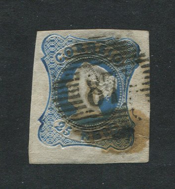 1853 - Afinsa nº 2. D. Maria II.Selo de 25 reis, usado. Boas margens. Apresenta um carimbo forte. EXEMPLAR DE 2ª ESCOLHA.