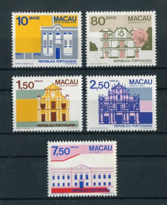 1983 - Afinsa nº 474/478. Edificios e Monumentos de Macau (2º Grupo). Série completa nova SEM CHARNEIRA (**) e com goma original. Em boas condições.