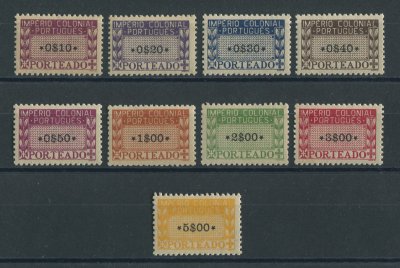 1945 - Porteado. Afinsa nº 1/9. Império Colonial Português. Série completa nova SEM CHARNEIRA (*) e com goma original. Em boas condições.