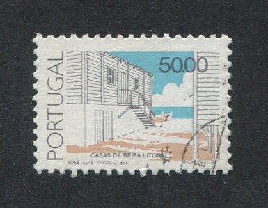 1985-89 - Afinsa nº 1721b. Arquitectura Popular Portuguesa. Selo de 50.00 usado. COM FÓSFORO ROSA e GOMA BRILHANTE. Em boas condições.