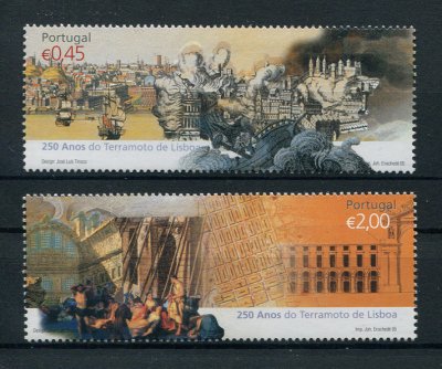 2005 - Afinsa nº 3354/3355. 250 Anos do Terramoto de Lisboa - 1755. Série nova sem charneira. Goma Original. Em boas condições.