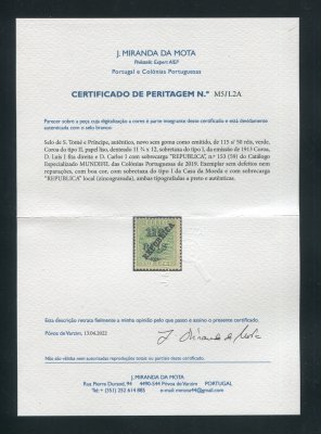 1913 - Afinsa nº 153. Coroa com sobrecarga local Républica. Selo de 115r/50r novo sem goma como emitido. Com CERTIFICADO DE PERITAGEM. Em boas condições.