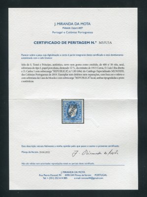 1913 - Afinsa nº 130. D. Luis I com sobrecarga local Républica. Selo de 400r/50r novo sem goma como emitido. Com CERTIFICADO DE PERITAGEM (CERTIFICATE). Em boas condições.