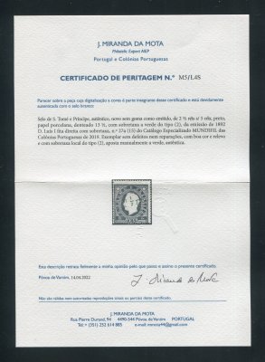1892 - Afinsa nº 27a. D. Luis I com sobretaxa. Selo de 2 1/2r/5r novo sem goma como emitido. SOBRETAXA II, VERDE. Denteado 13 1/2. Com CERTIFICADO DE PERITAGEM. Em boas condições.