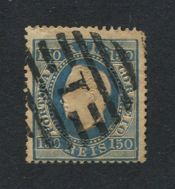 1870/6 - Afinsa nº 45c. D. Luis I, fita direita. Selo de 150 reis usado. Papel liso, denteado 13 1/2. Tem um canto ligeiramente curto.