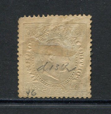 1870/6 - Afinsa nº 45c. D. Luis I, fita direita. Selo de 150 reis usado. Papel liso, denteado 13 1/2. Tem um canto ligeiramente curto.