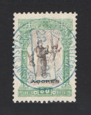 1895 - Afinsa nº 81. 7º Centenário do Nascimento de Santo António. Selo de 80 reis USADO. Carimbo de VELAS (S. Jorge). Em boas condições.