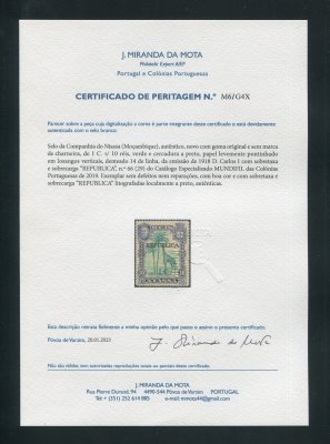 1918 - Afinsa nº 66. D. Carlos I com sobretaxa e sobrecarga. Selo de 1c/10r novo SEM CHARNEIRA (**) e com goma original. Com CERTIFICADO DE PERITAGEM (CERTIFICATE). Em boas condições.