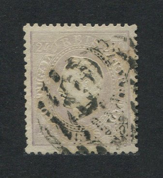 1870/6 - Afinsa nº 46. D. Luis I, fita direita. Selo de 240 reis usado. Papel liso, denteado 12 1/2. Com CERTIFICADO DE PERITAGEM (CERTIFICATE). Em boas condições.